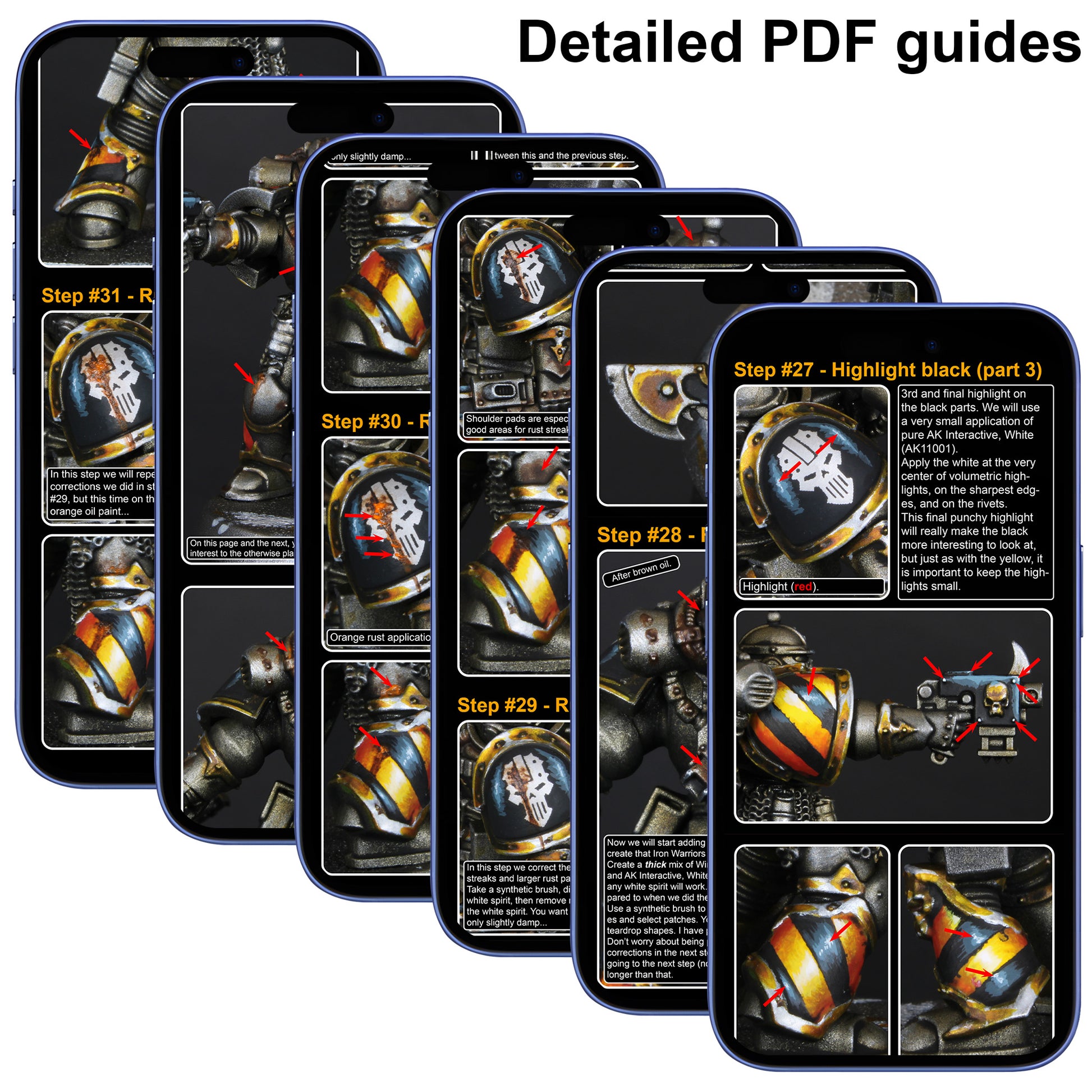 Multiple smartphone screens displaying a detailed PDF guide with step-by-step painting instructions for Iron Warriors Chaos Space Marines.